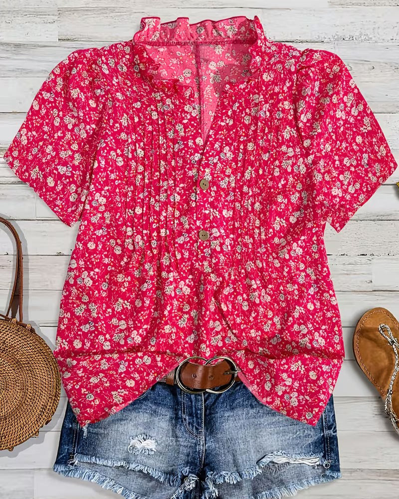 Blouse Col En V Bouton Imprimé Floral