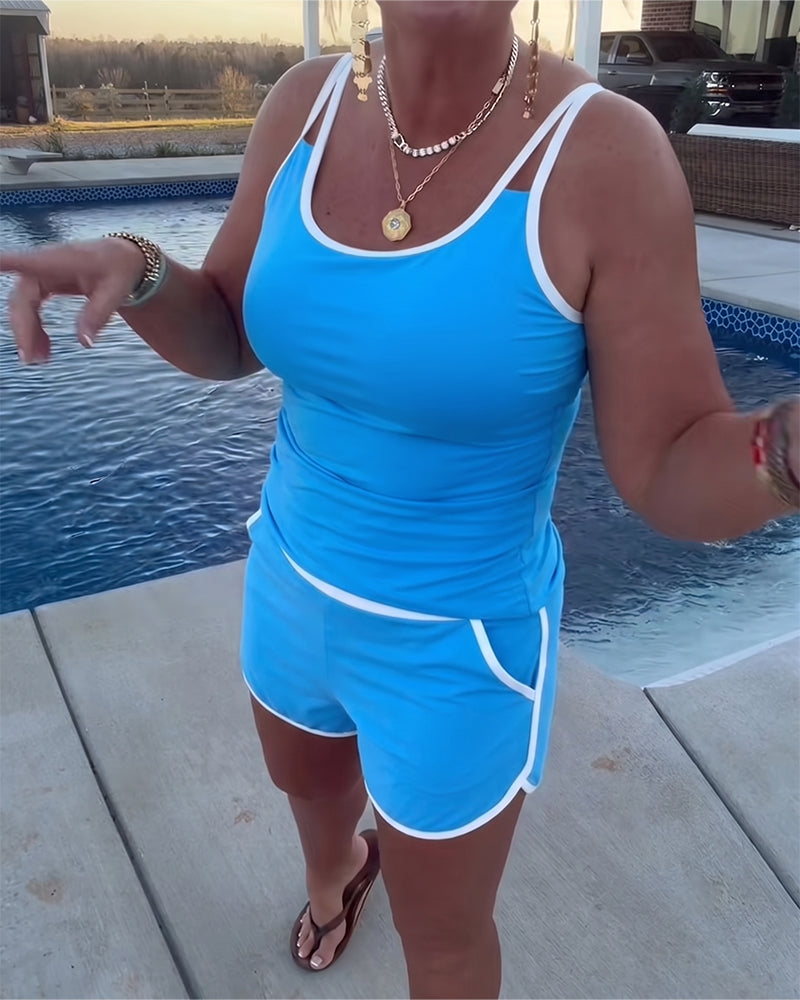 Tankini Avec Contraste De Couleur Passepoil Appliqué