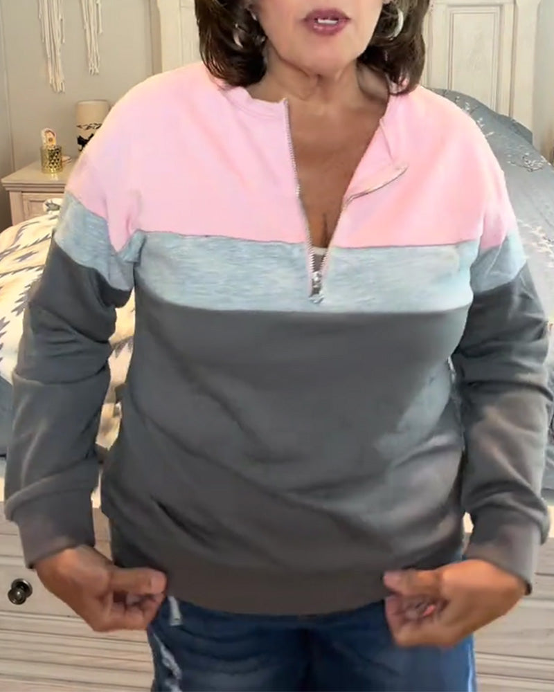 Sweatshirt À Fermeture Éclair, Col Montant Et Bloc De Couleurs Manches Longues