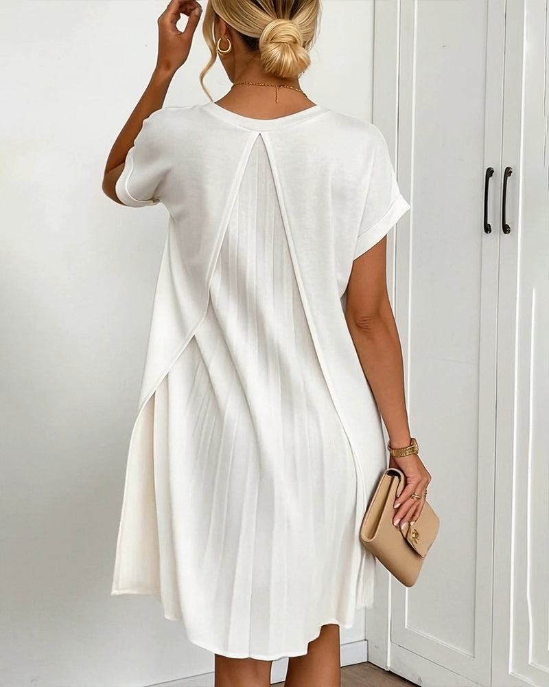 Robe Plissée Manches Courtes Col V