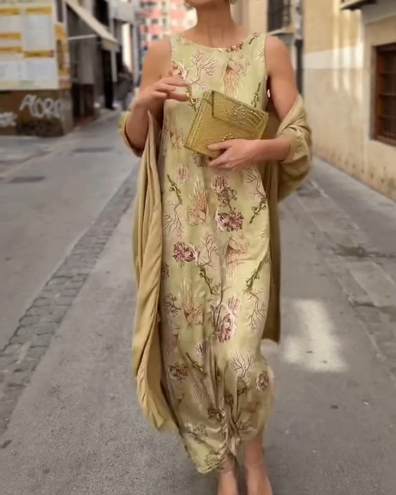Ensemble Sans Manches Robe Maxi + Cardigan Assorti