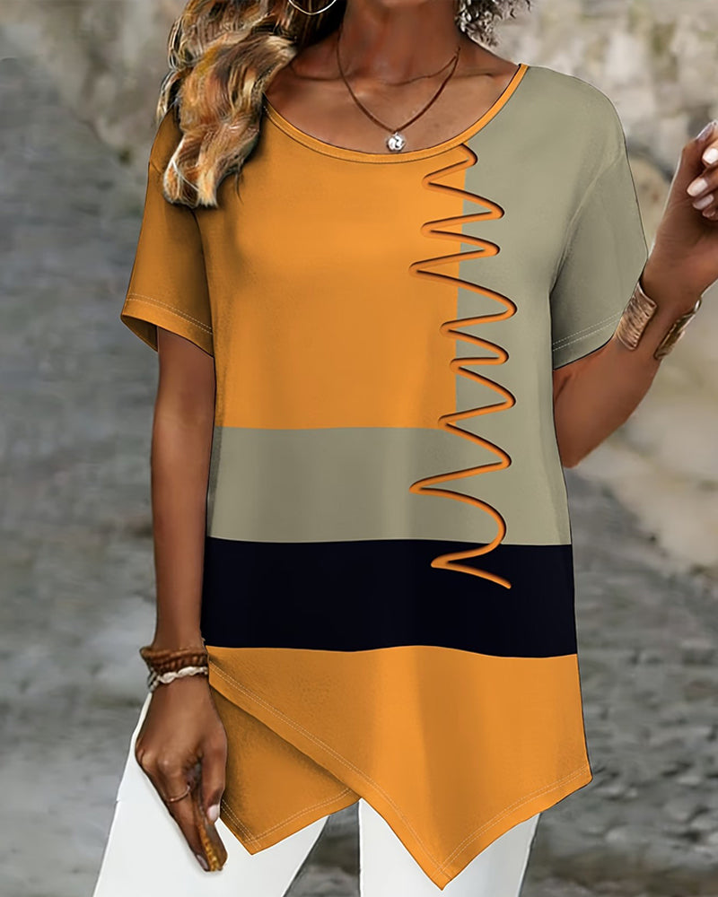 T-Shirt Bloc De Couleur Irrégulier Manche Courte