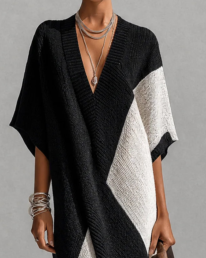 Robe Pullover Bloc De Couleur Col En V