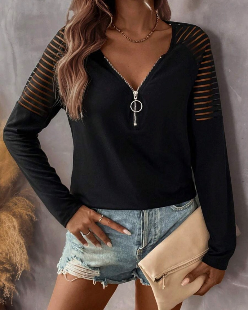 Top Avec Détail de Cordonnerie, Design À Manches Longues Et Style À Couleur Unie