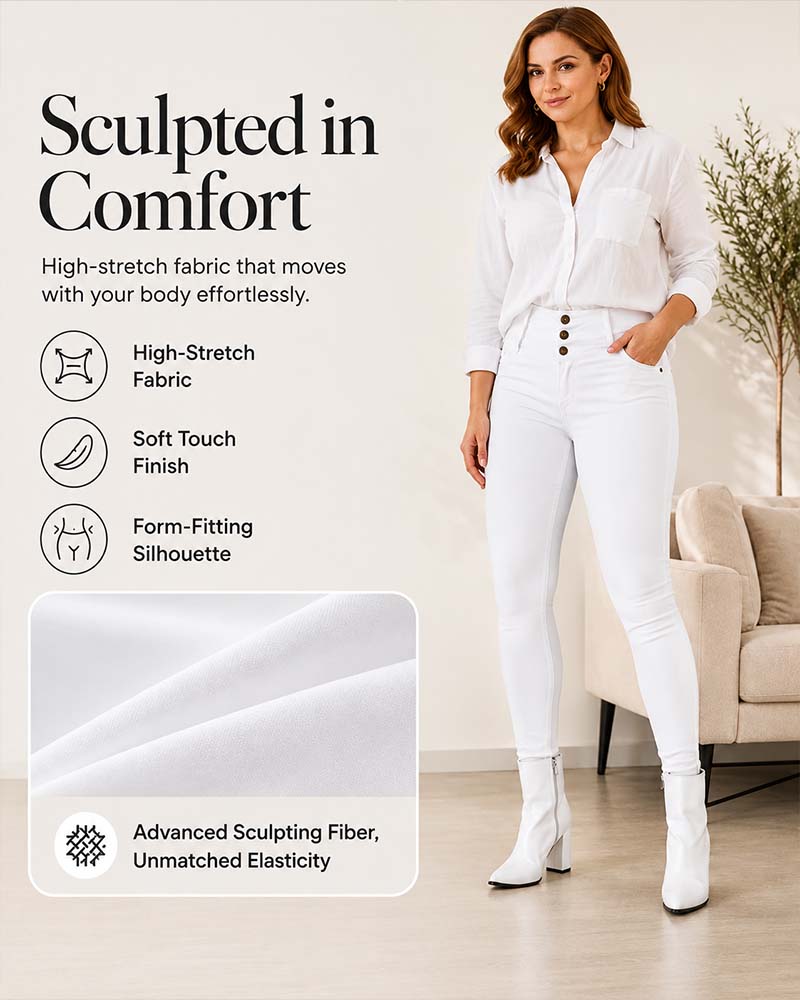 Pantalon Taille Haute Poche Bouton Mince