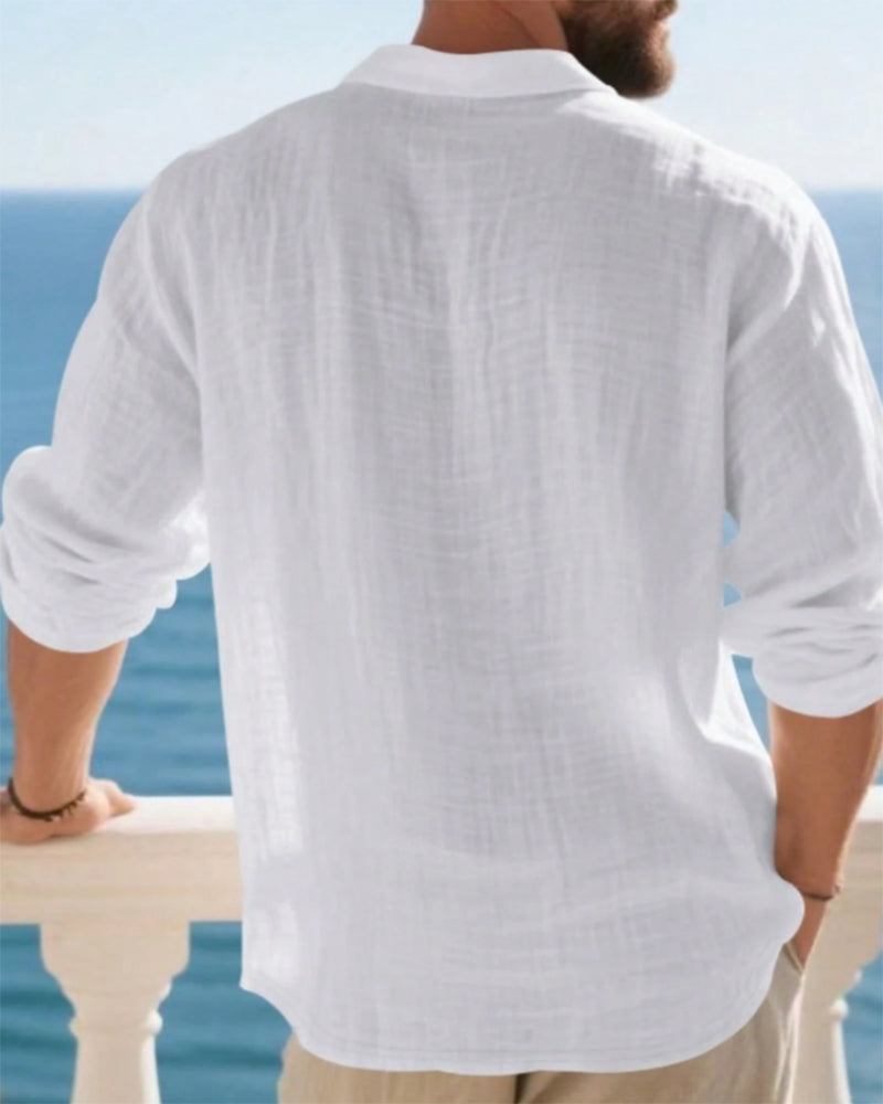 Chemise Homme Légère Coupe Ample Lin Manches Longues Polo
