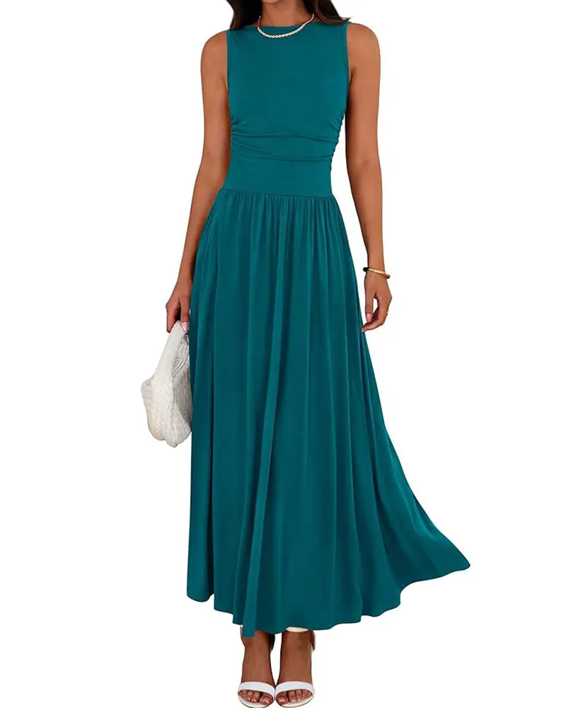 Robe Sans Manches Poche Froncée Longue
