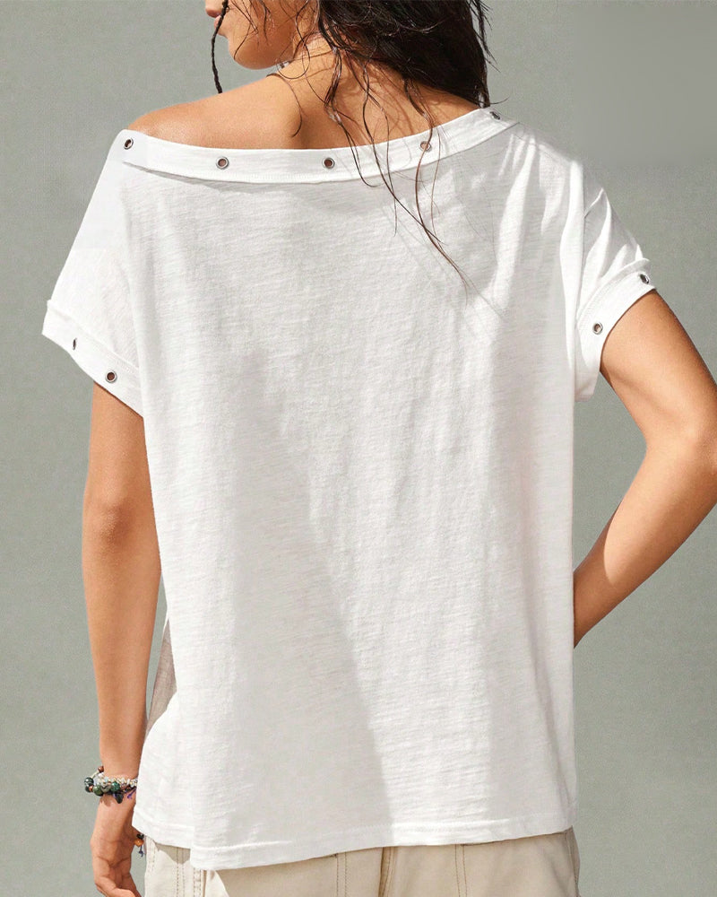 T-Shirt Une Épaule Rivet Uni
