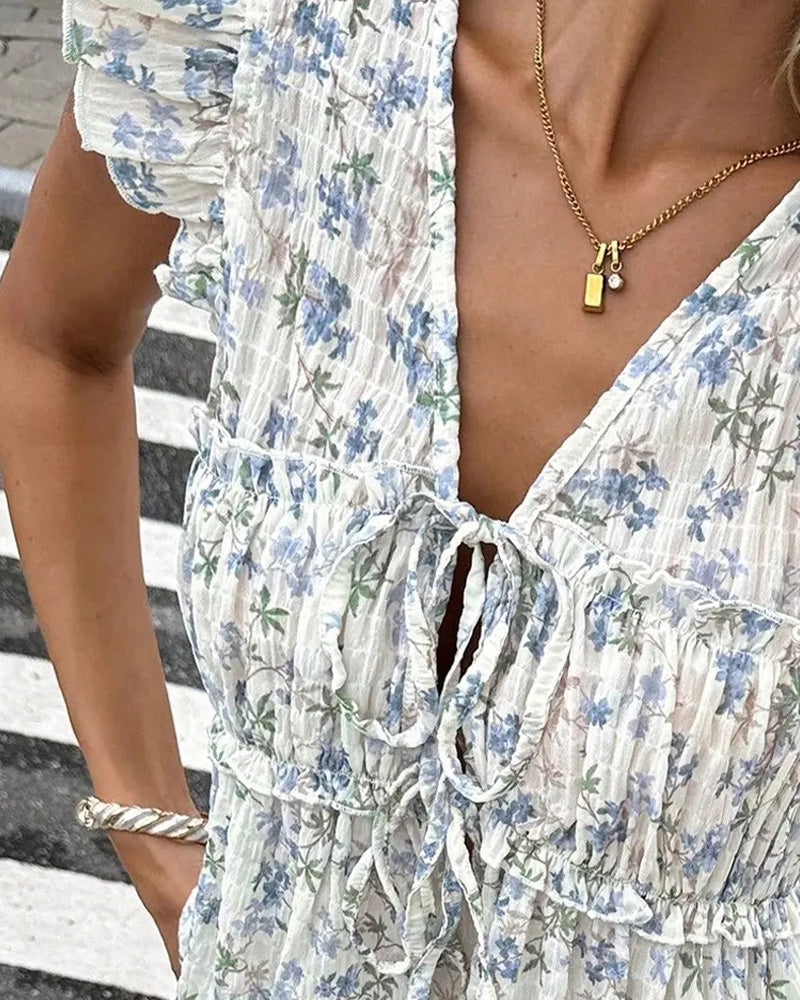 Blouse Florale Manche Volantée Col V Attache