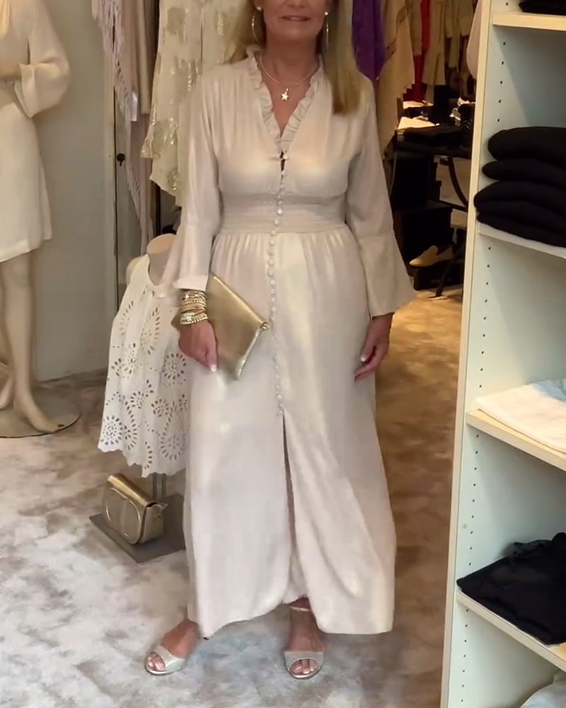 Robe longue col dentelle taille boutonnée