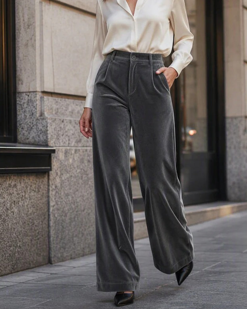 Pantalon Uni Velours Poche Long