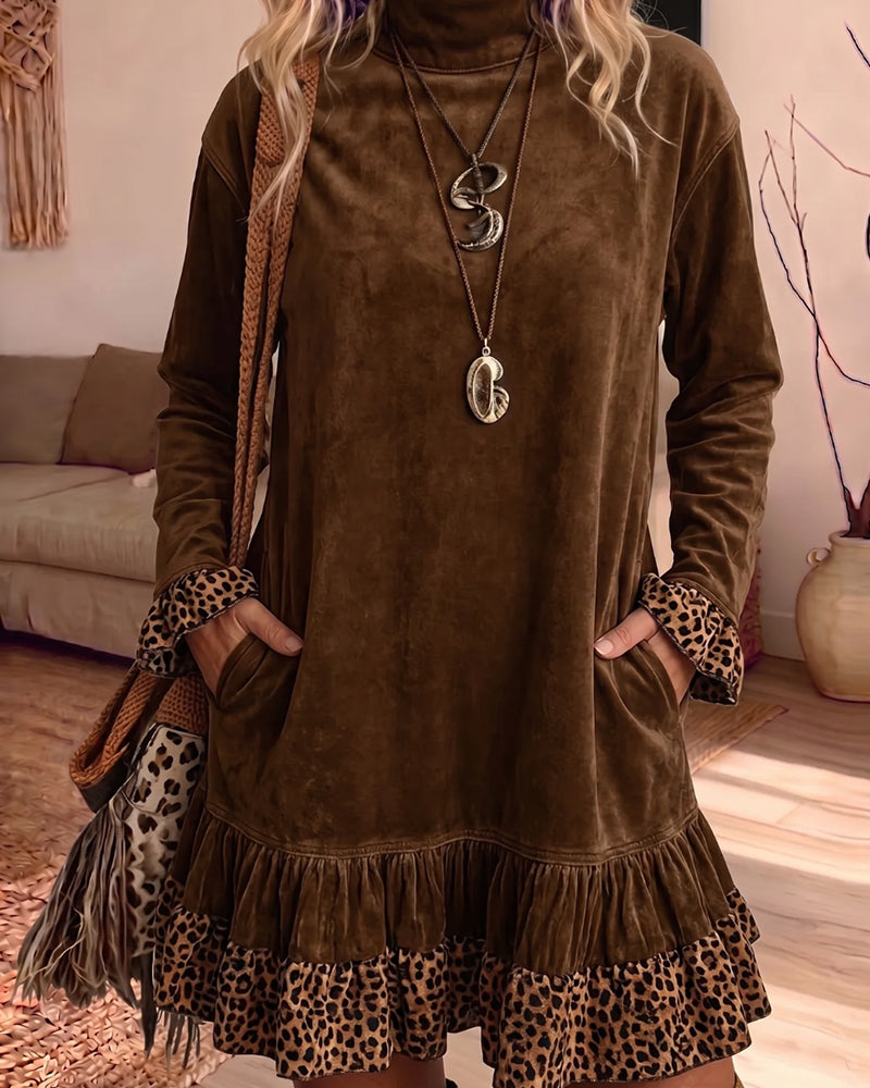 Robe Col-Mock Poche Léopard Volant