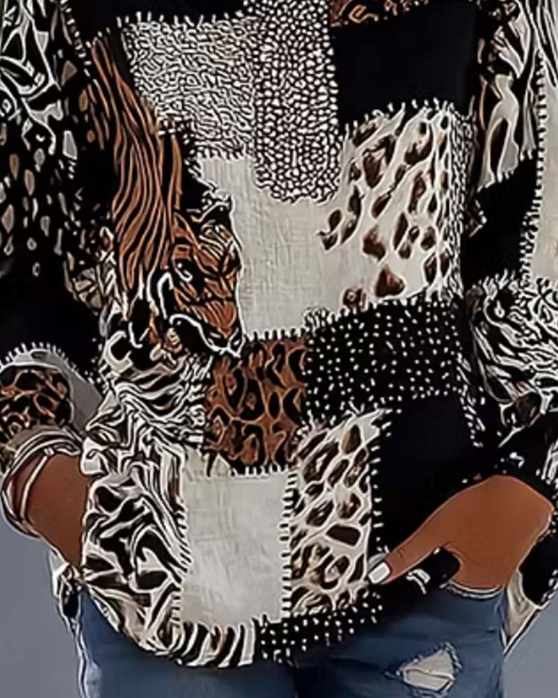 Blouse Col Mandarine Léopard Patchwork