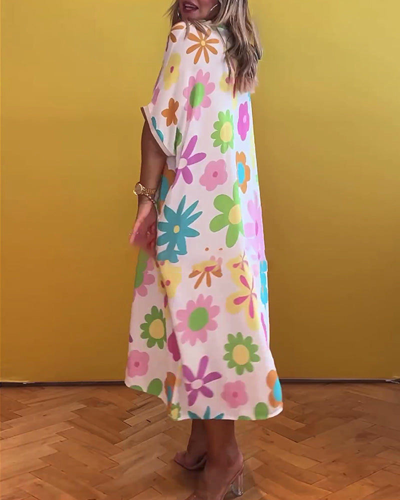 Robe ample col V imprimé fleuri