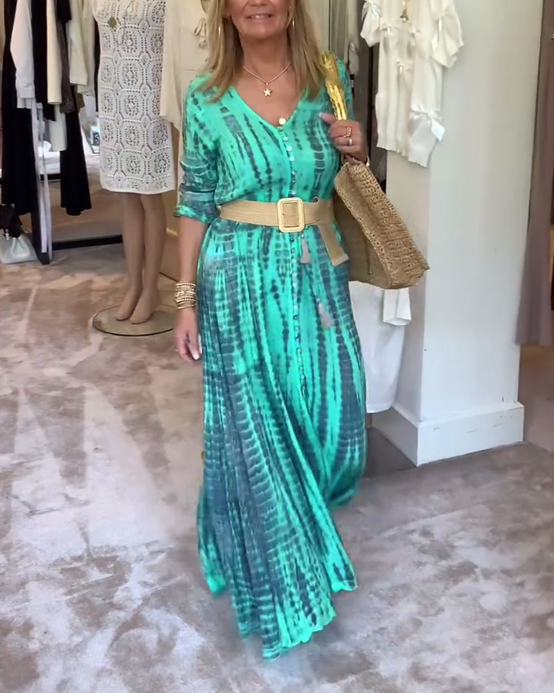 Robe longue boutonnée imprimée à col en V