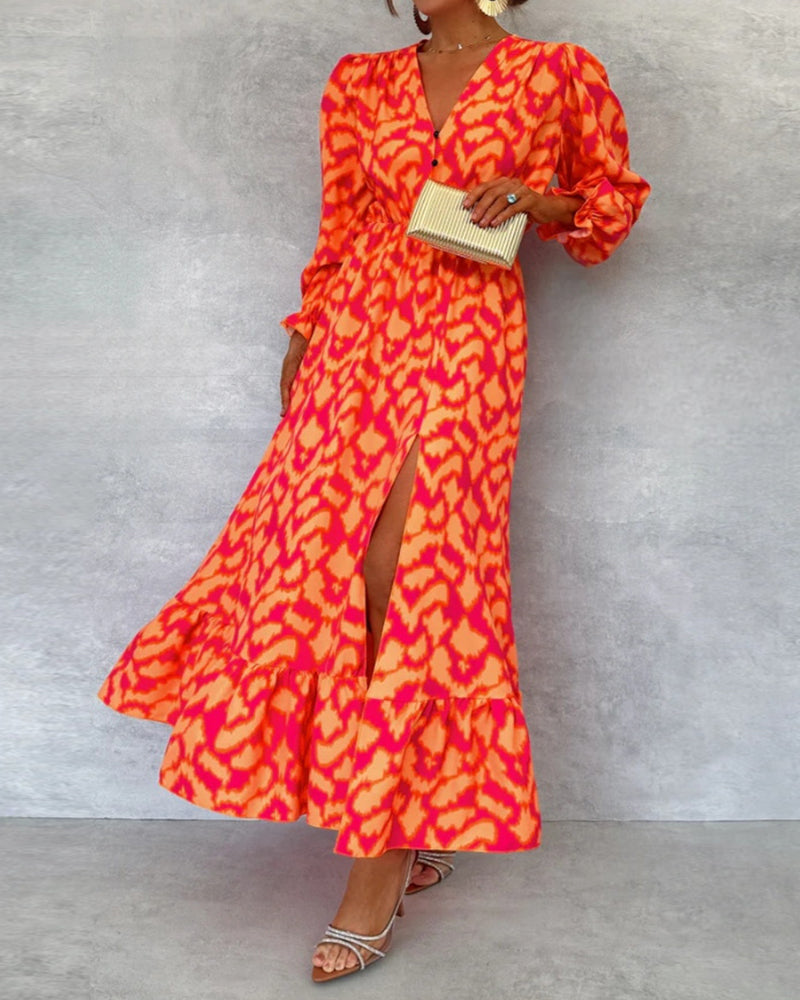 Robe élégante à manches bouffantes et fente boutonnée avec col imprimé