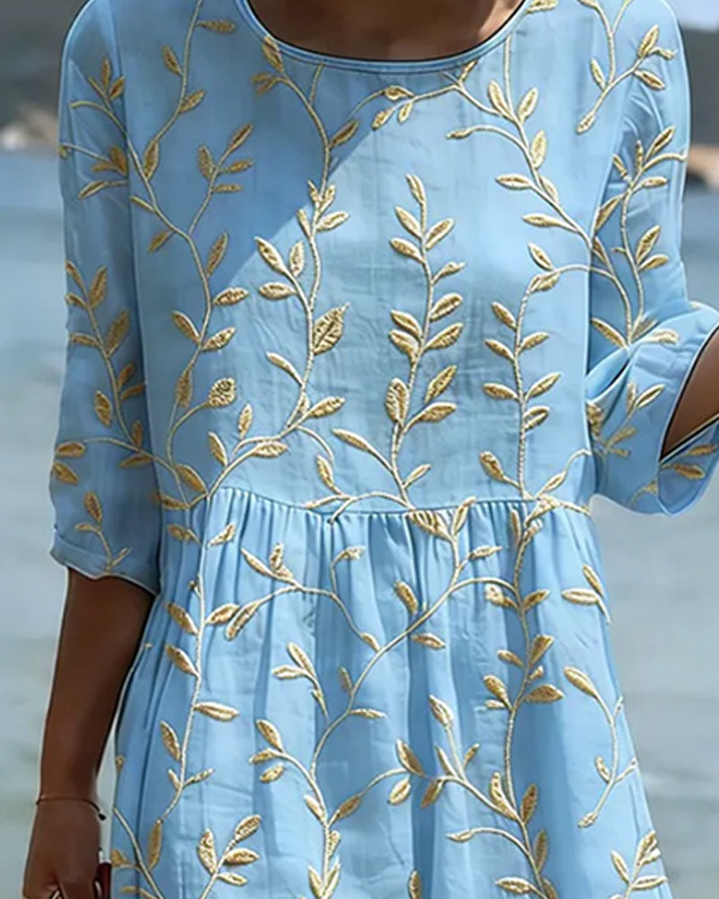 Robe Col Rond Brodée Unie Décontractée
