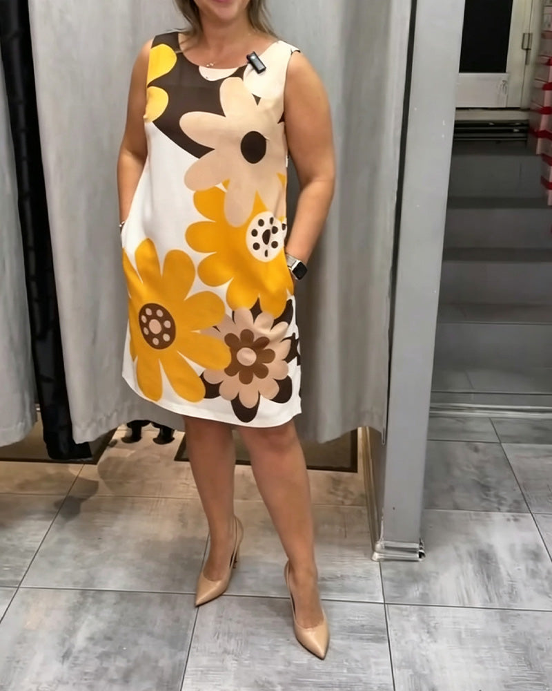 Robe Col Rond Imprimée Sans Manches