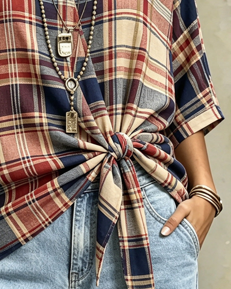 Blouse Col En V Nœud Devant Plaid Manche 3/4