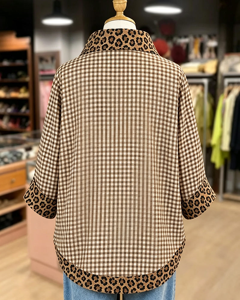 Blouse Revers Léopard Patchwork Carreau