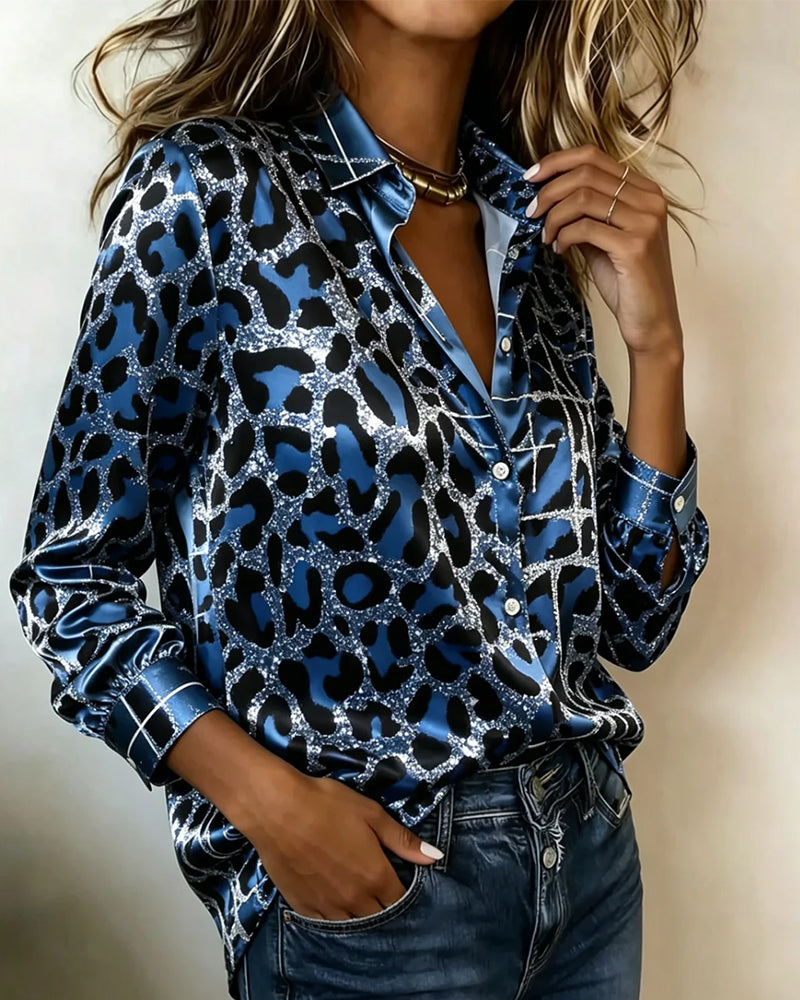 Chemise Imprimé Léopard Bloc De Couleur Manches Longues