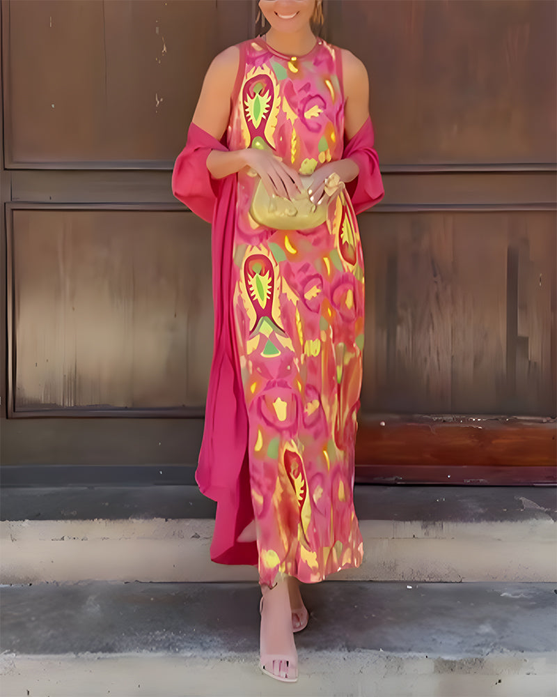 Ensemble Robe Longue Sans Manches Avec Long Cardigan