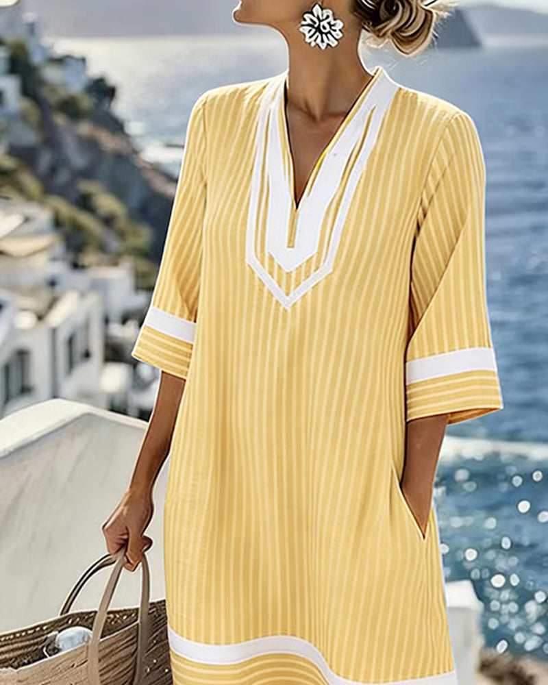 Robe Col V Manche Courte Rayé