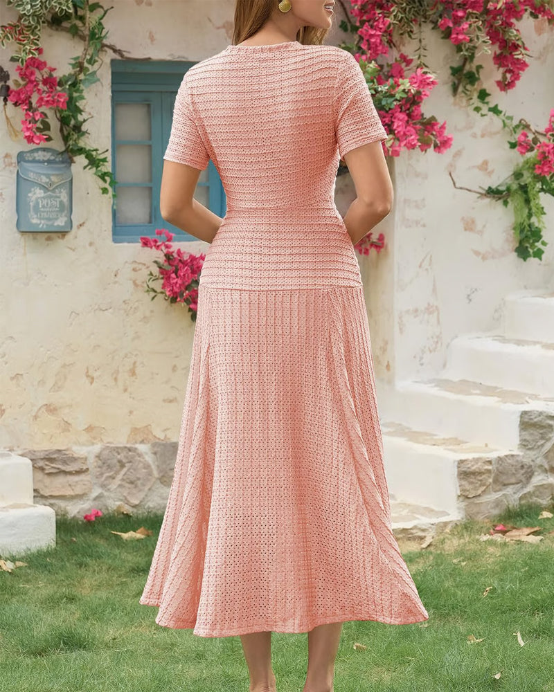 Robe Col Rond Ajustée Bouton Patchwork