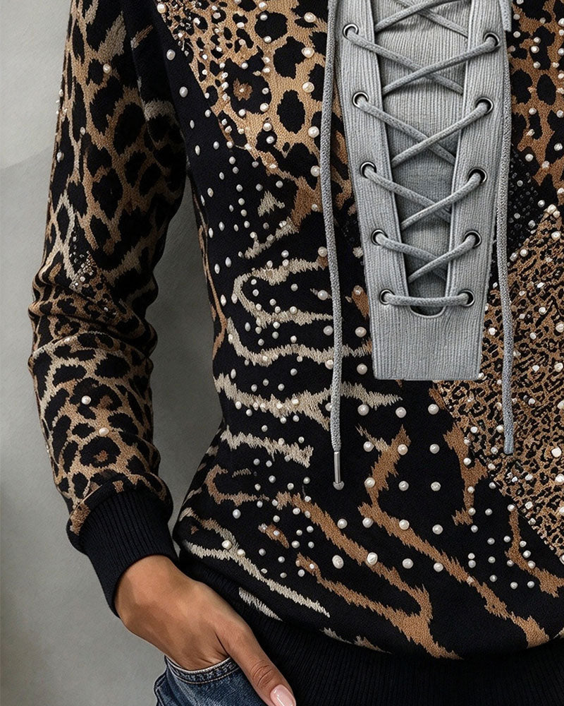 Sweatshirt Attacher Léopard Patchwork Ajusté