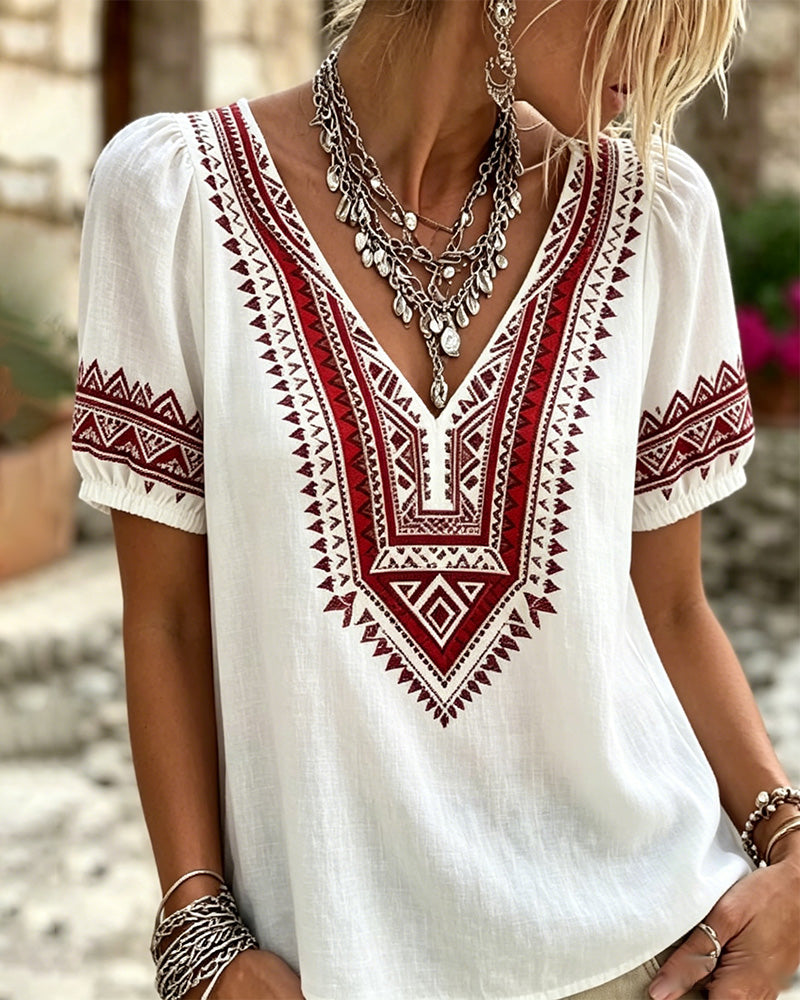 Blouse Col V Bohème Manche Bouffante