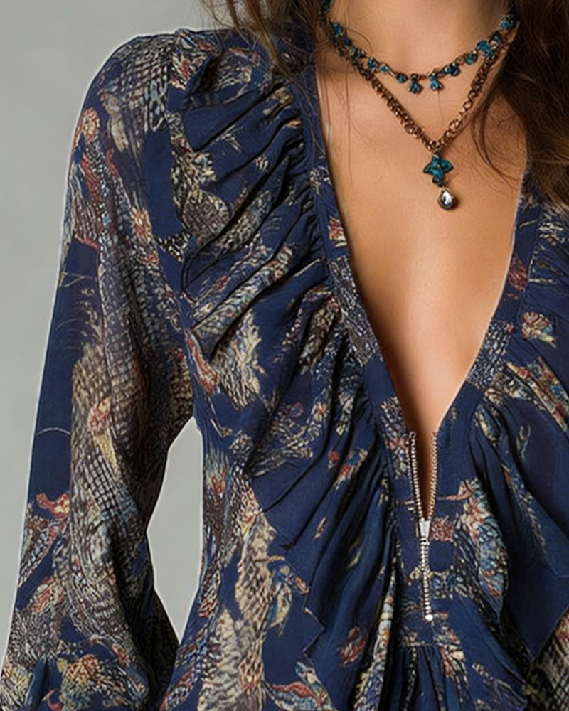 Blouse Profond V Volant Imprimé Élégant