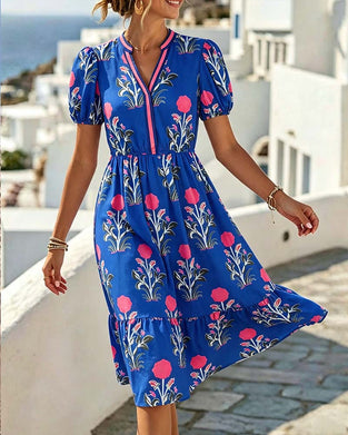 Robe Col-V Manches Bouffantes