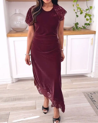 Robe Col Rond Dentelle Patchwork Slim