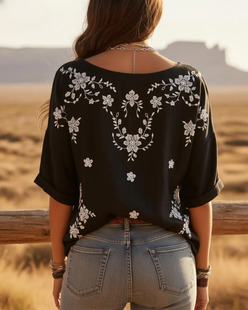 Blouse Col Rond Épaule Tombante Lâche Fleurie