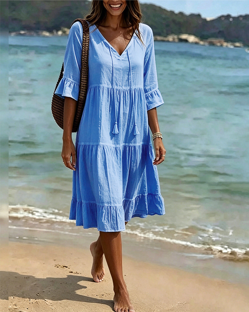 Robe Évasée Demi-Manche Nœud À La Taille