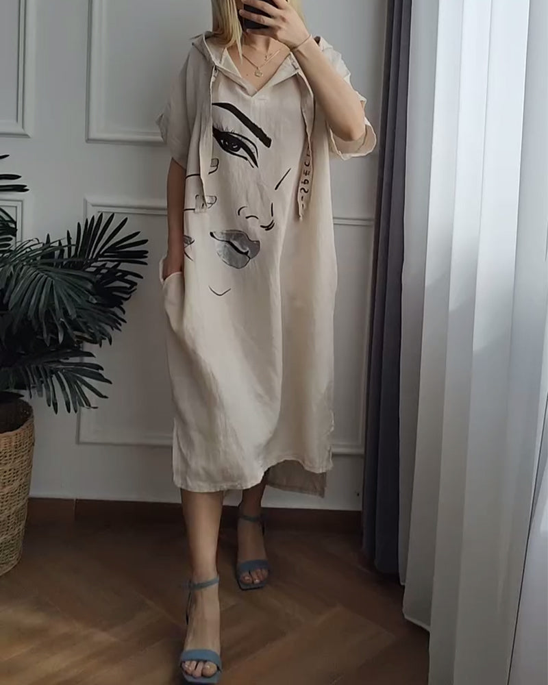 Robe à Capuche Imprimée Coupe Ample