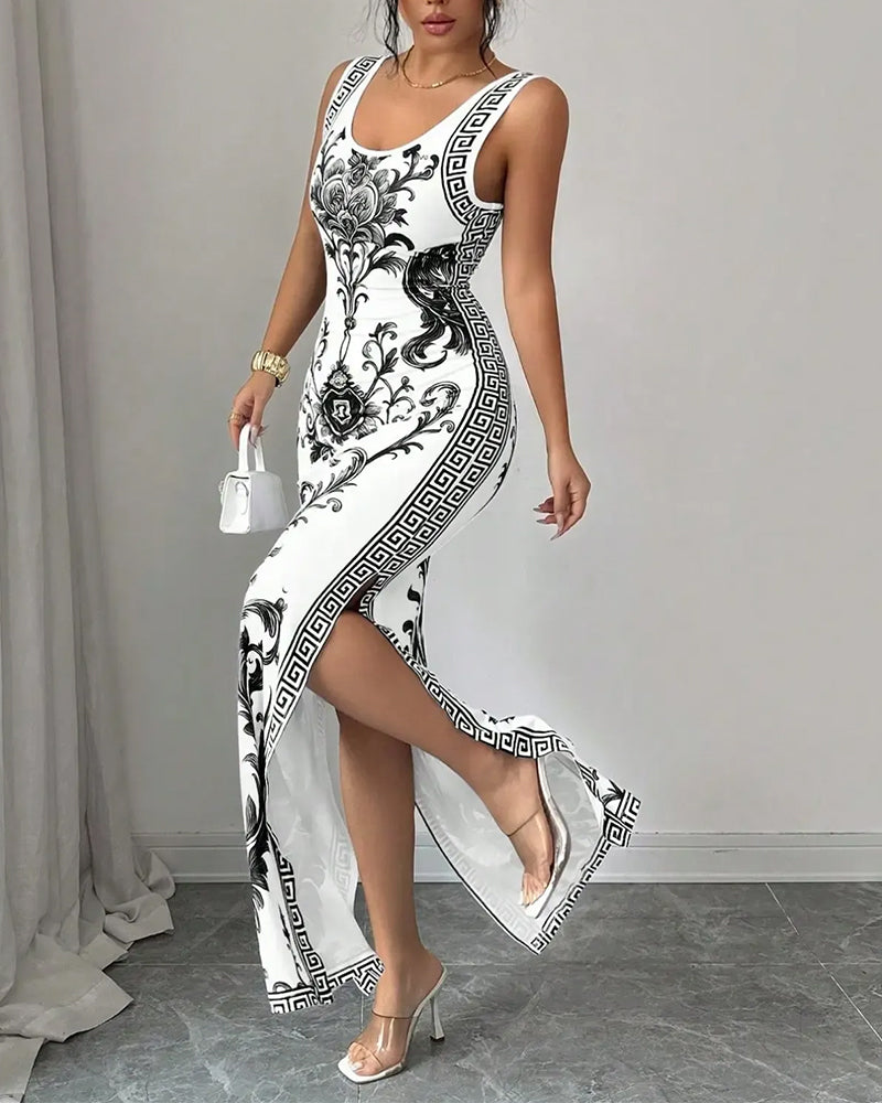 Robe Porcelaine Bleu-Blanc Sans Manches Fente Maxi
