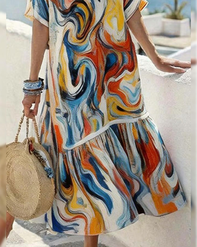 Robe Col Rond Peinture À L'Huile Imprimé