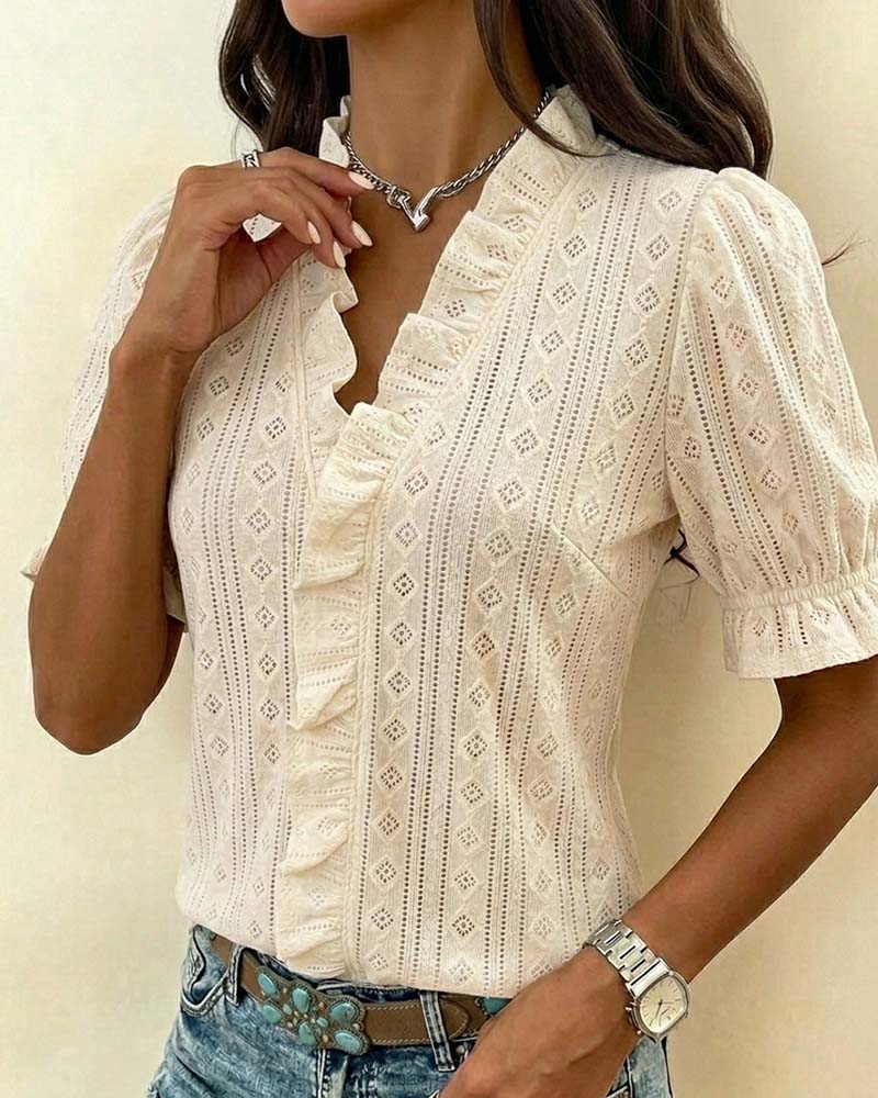 T-Shirt Col V Manche Trois Quarts Dentelle