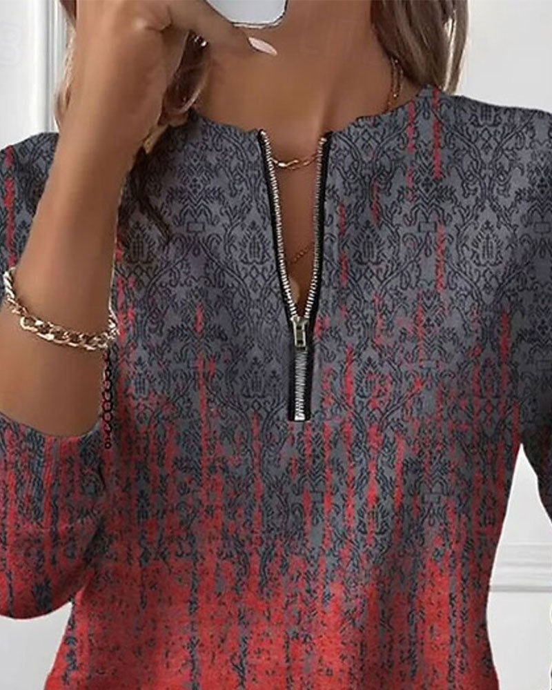 Sweatshirt Dégradé Imprimé Vintage Demi-Fermeture Éclair