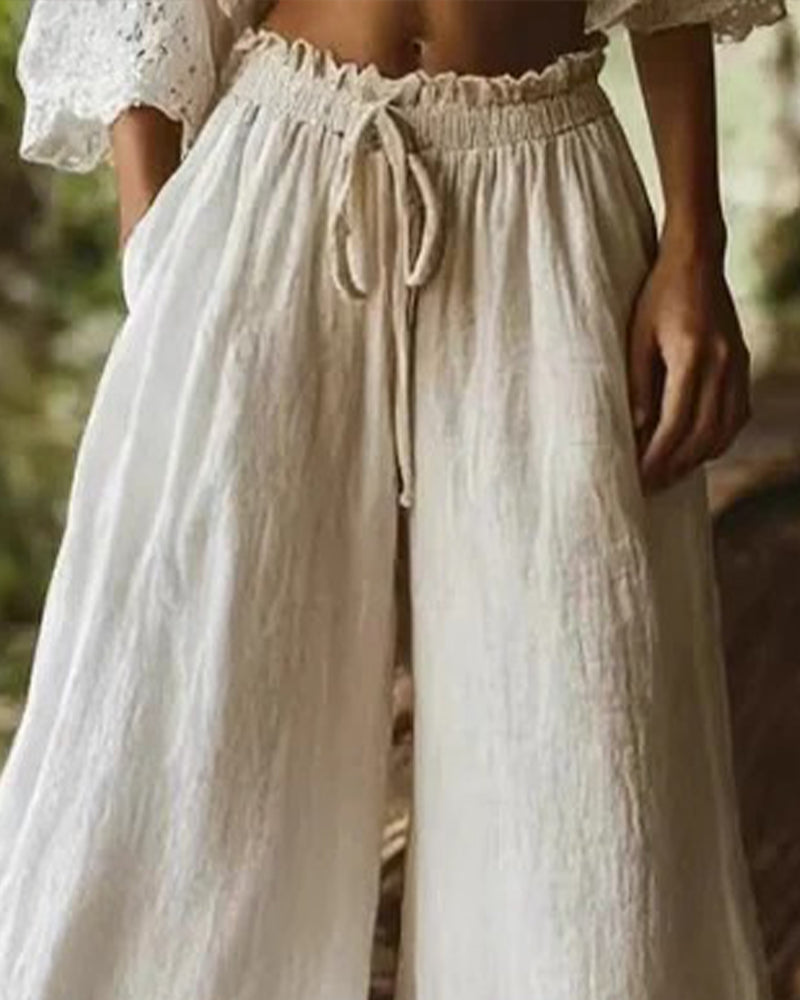 Pantalon Taille Élastique Cordon De Serrage Dentelle Patchwork Large Jambe