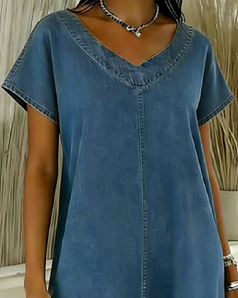 Robe Décontracté Col V Manche Courte Denim