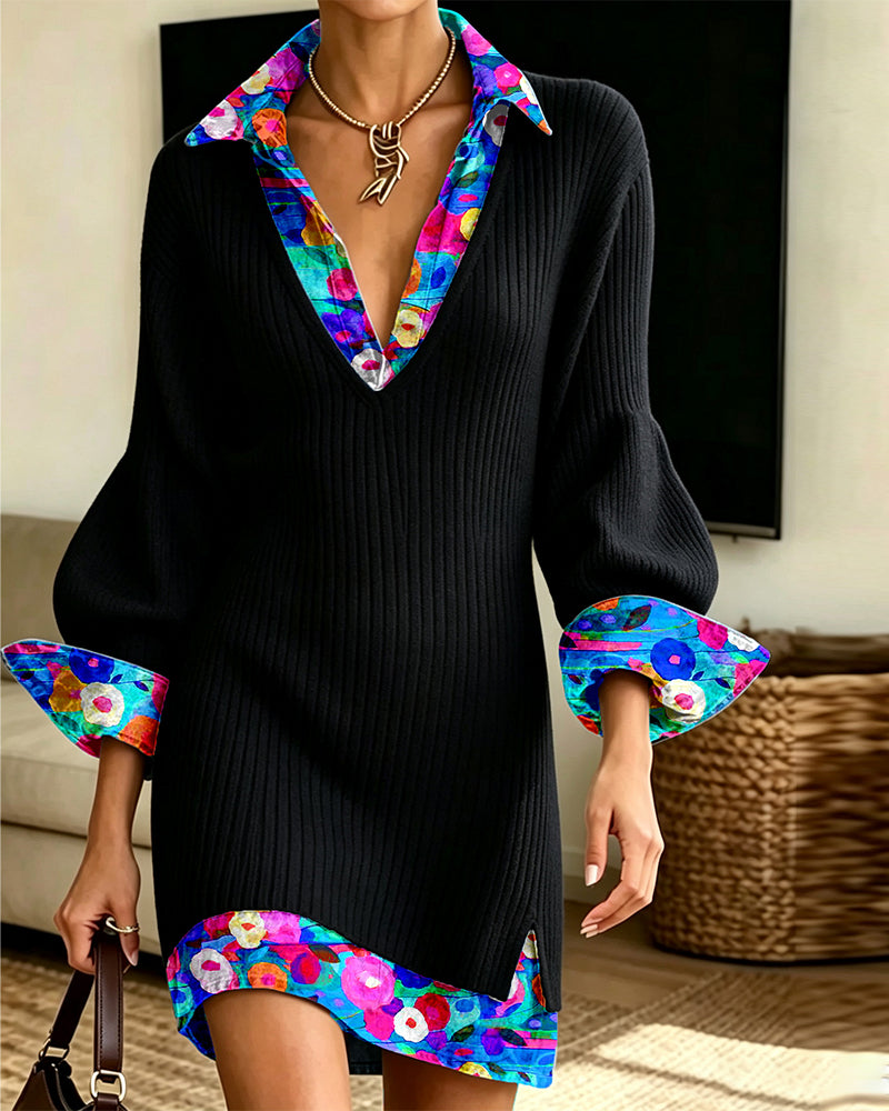 Robe Fausse Deux-Pièces Fleurie Col En V Tricotée Courte Mini