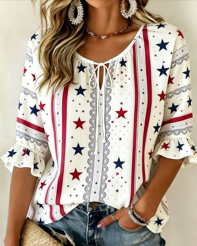 Blouse Imprimée À Lacets Et Manches À Volants