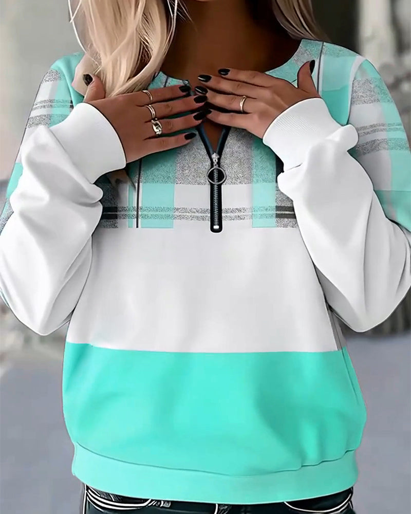 Sweat Décontracté À Carreaux Couleur Contrastée