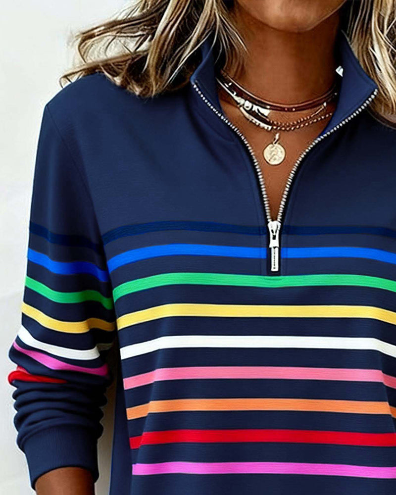 Sweat À Col Zippé À Moitié Avec Rayures Arc-En-Ciel Tendance