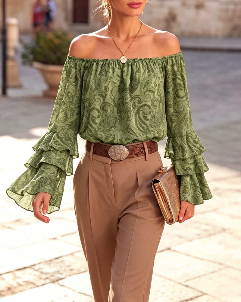 Blouse Élégante Hors Épaule Imprimé Paisley