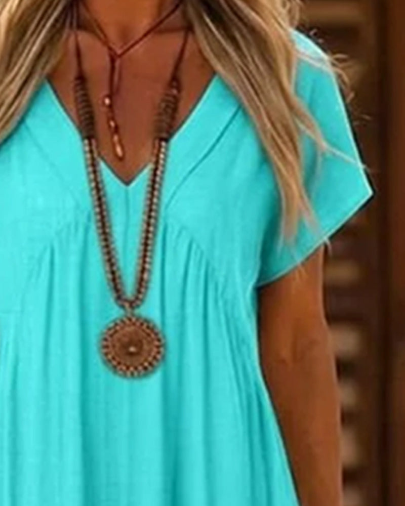 Robe Col V Taille Haute Jupe Ample Unie