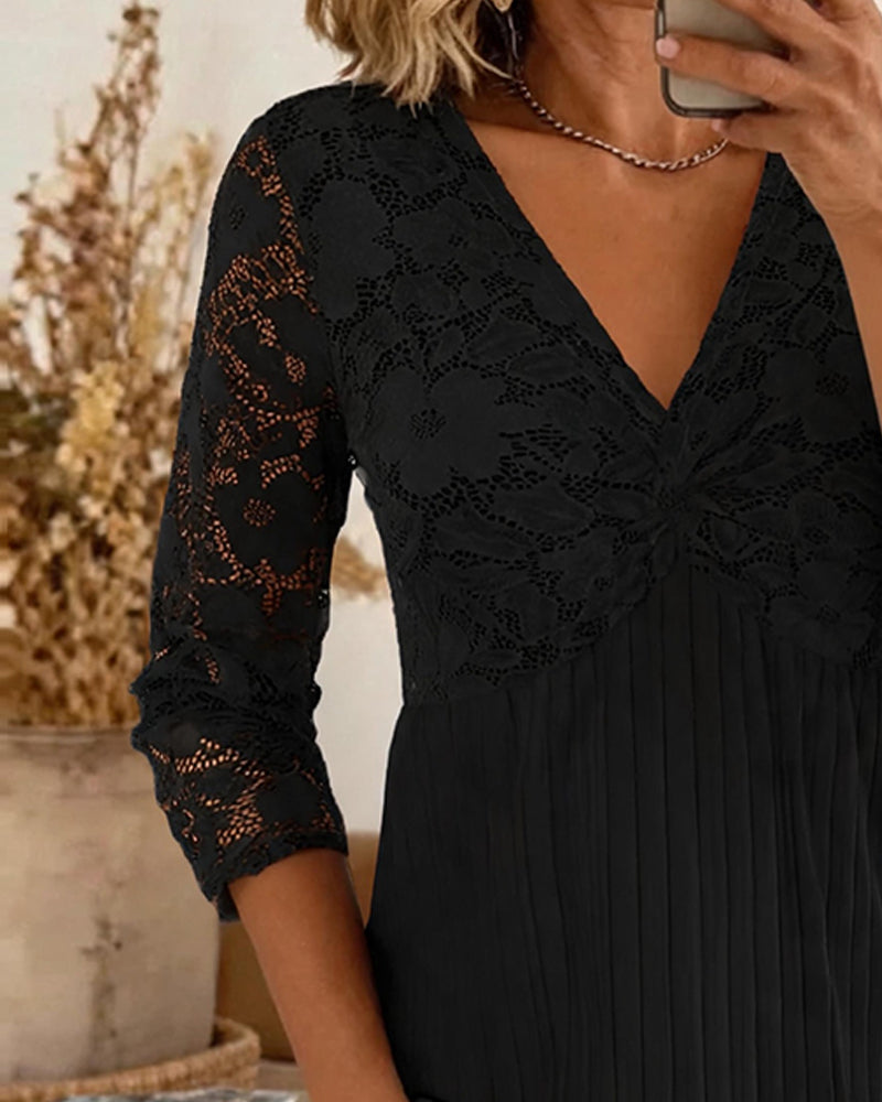 Blouse Décontractée Col En V Dentelle Panneau