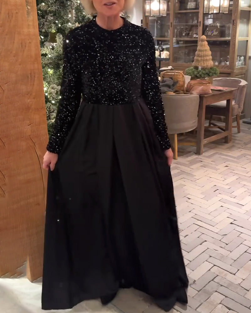Robe Élégant Paillettes Patchwork Longueur Sol
